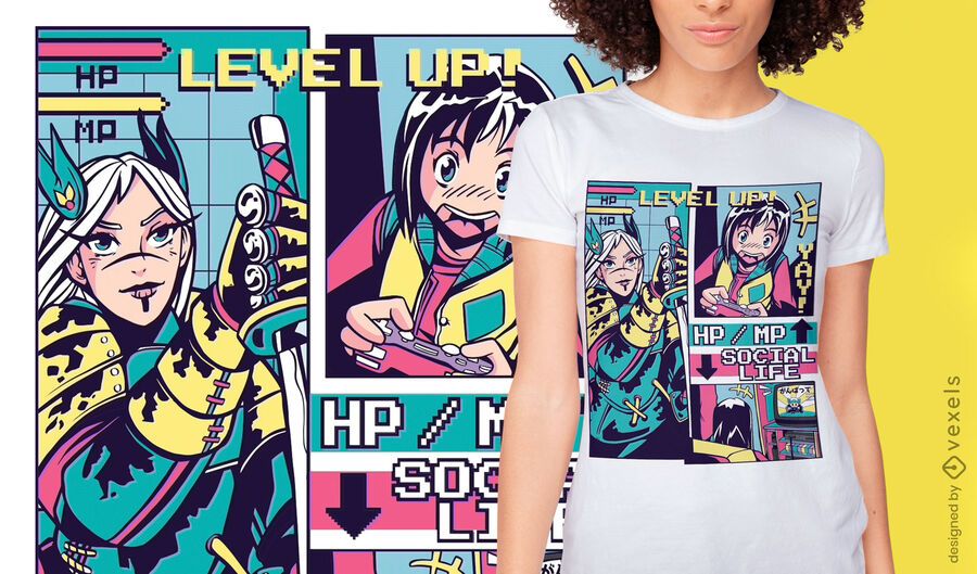 Diseño de camiseta de anime level-up vaporwave Diseño de camiseta de anime level-up vaporwave