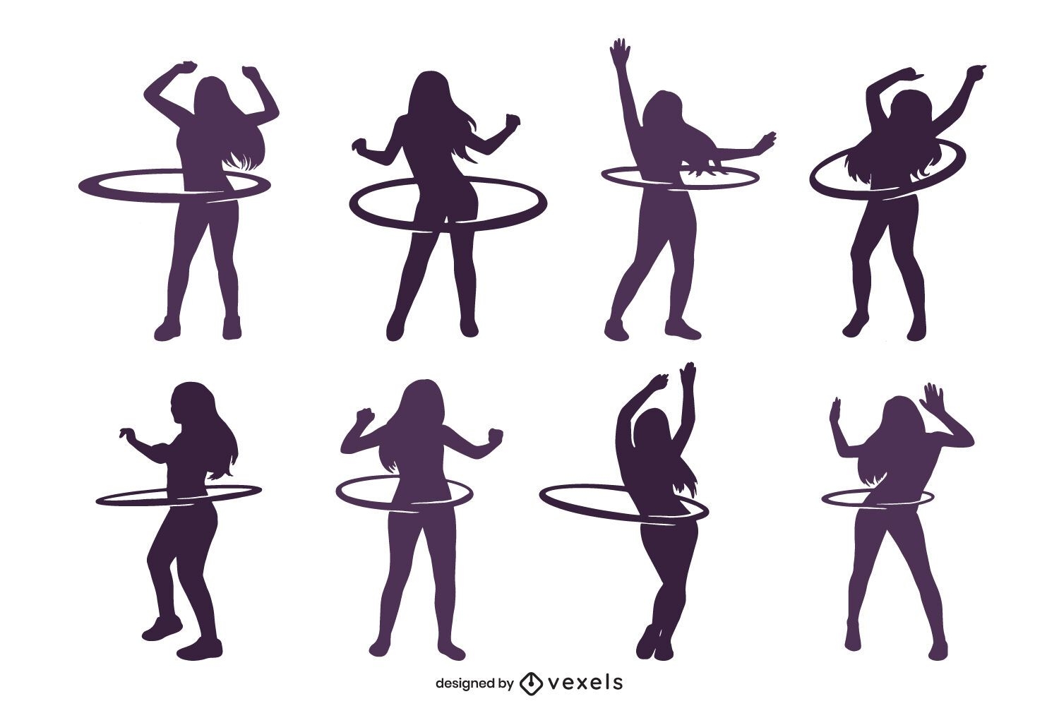 Hula-hoop woman silhouette set