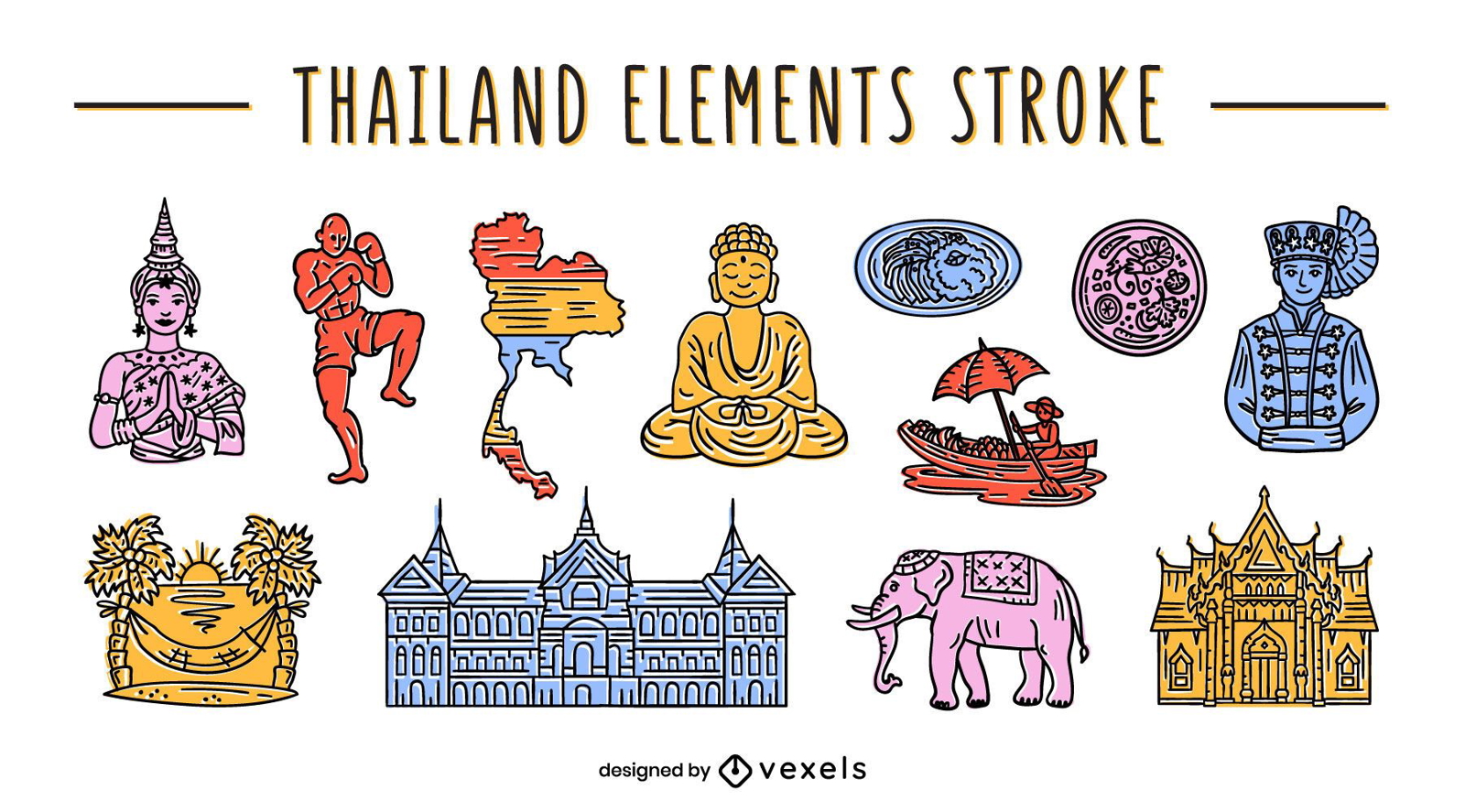 Conjunto de elementos tailandeses trazo de color