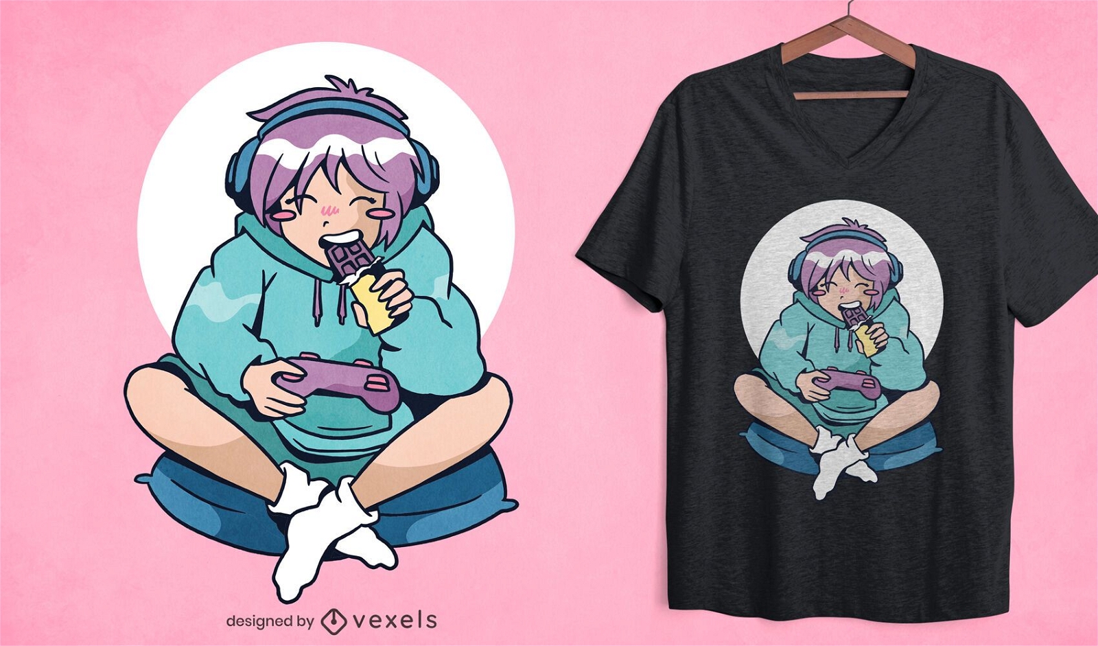 Design de camiseta de garota de anime gamer