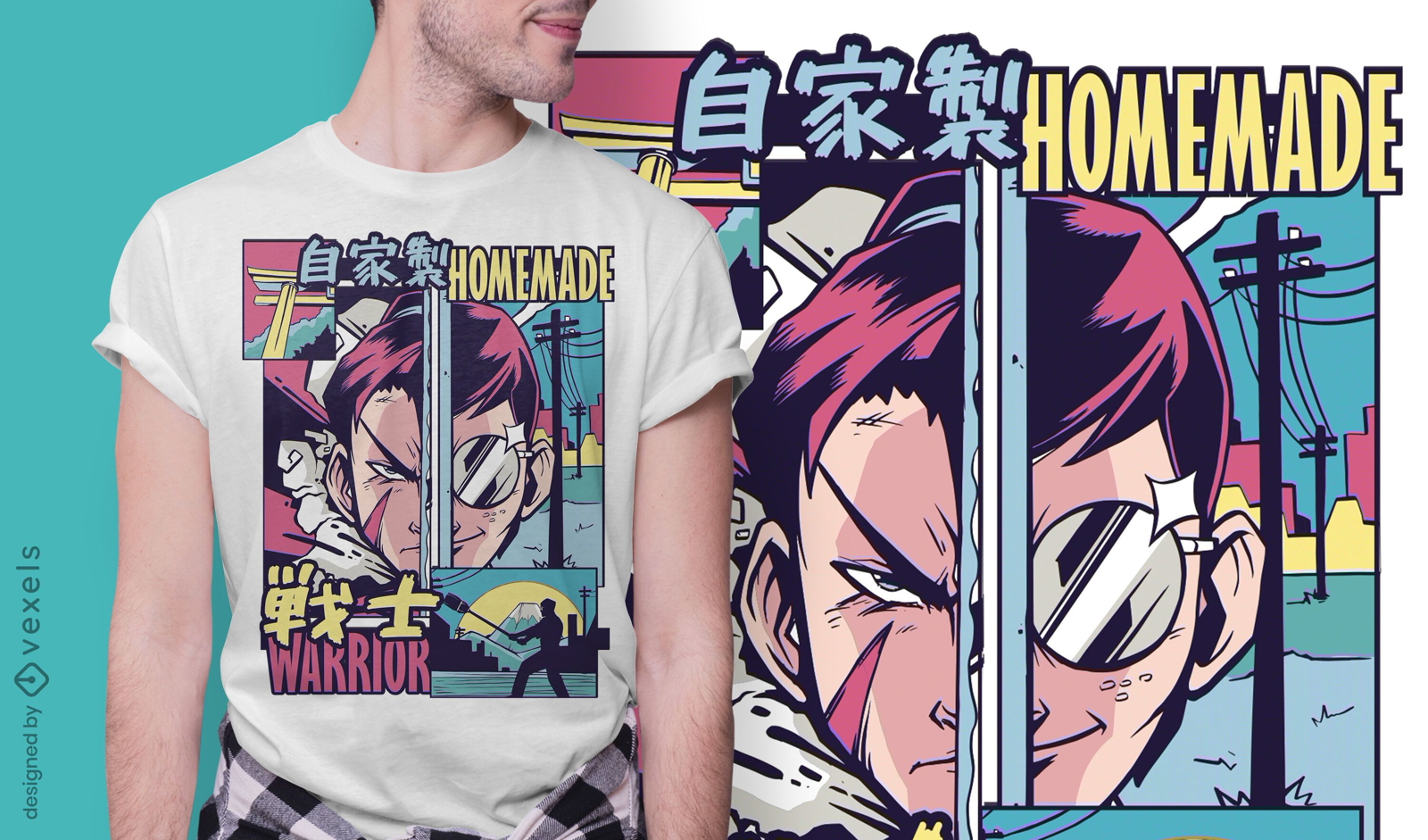 Design de camiseta do guerreiro anime vaporwave
