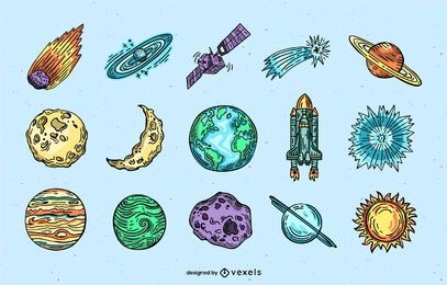 Colorful hand-drawn space elements