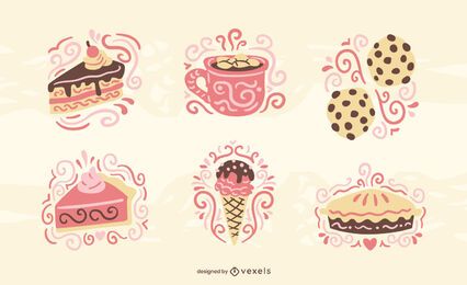 Conjunto plano de doces e padaria