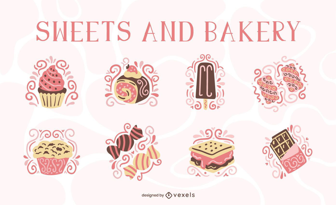 Conjunto de remolinos planos de dulces y panadería.