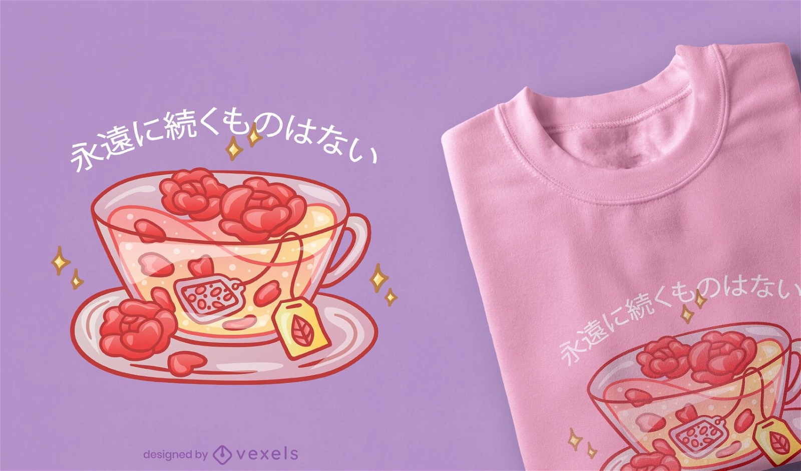Design de camiseta com chá rosa kawaii