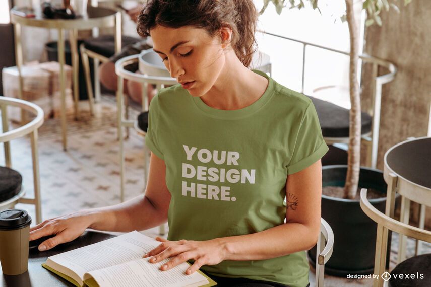 Model cafe reading t-shirt mockup Model cafe reading t-shirt mockup