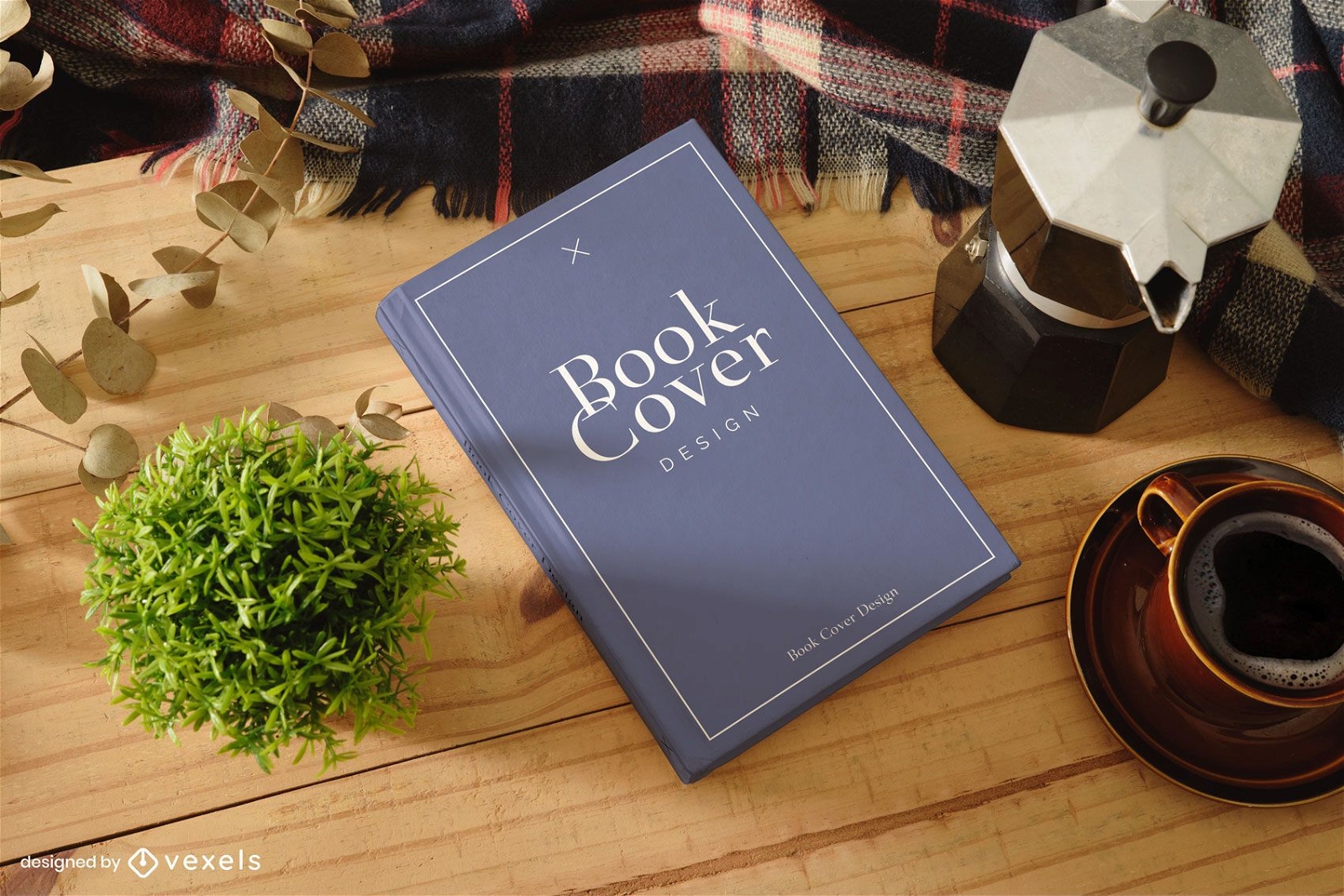 Book cover wooden table mockup