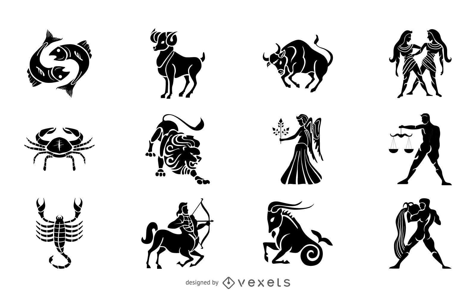 Zodiac signs silhouette illustration set.