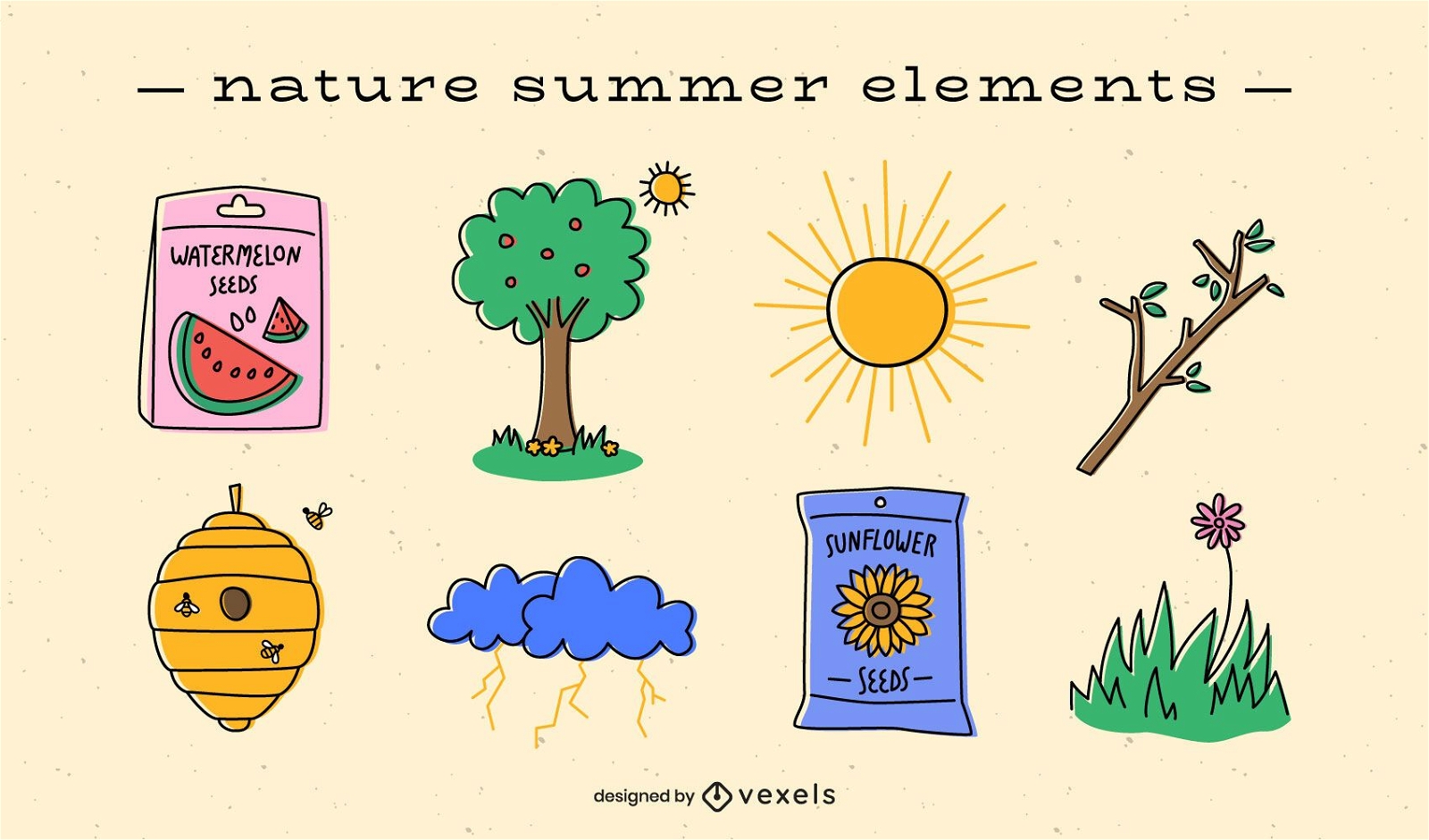 Paquete plano de elementos de verano