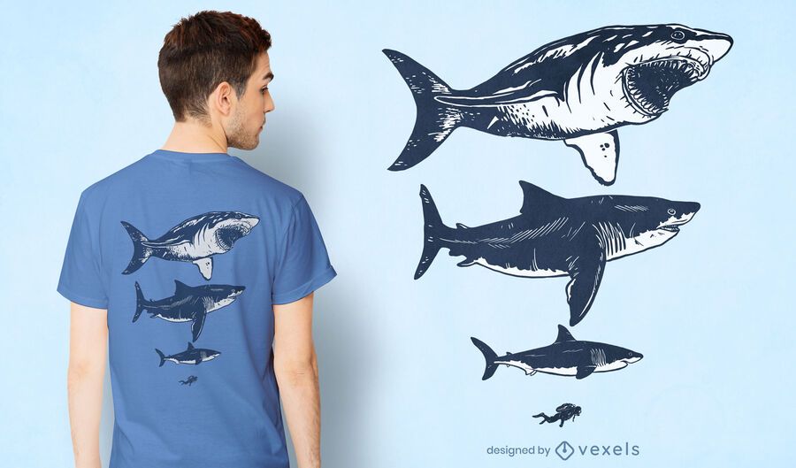 Diseño de camiseta de tiburones y buceadores. Diseño de camiseta de tiburones y buceadores.
