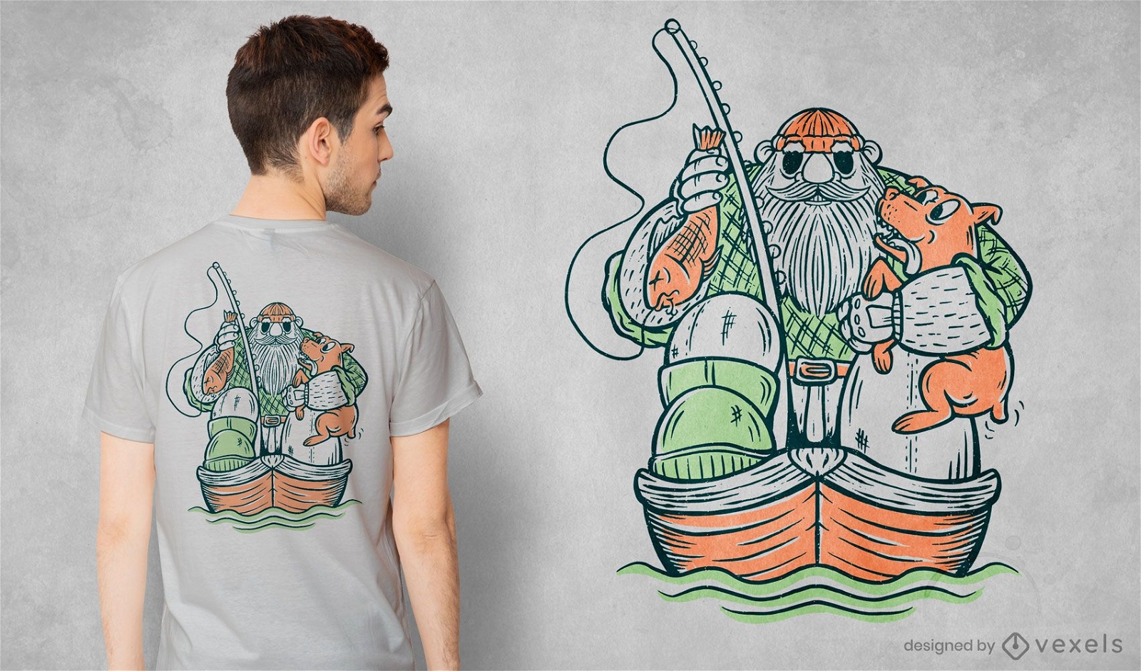 Diseño de camiseta de pescador y perro.