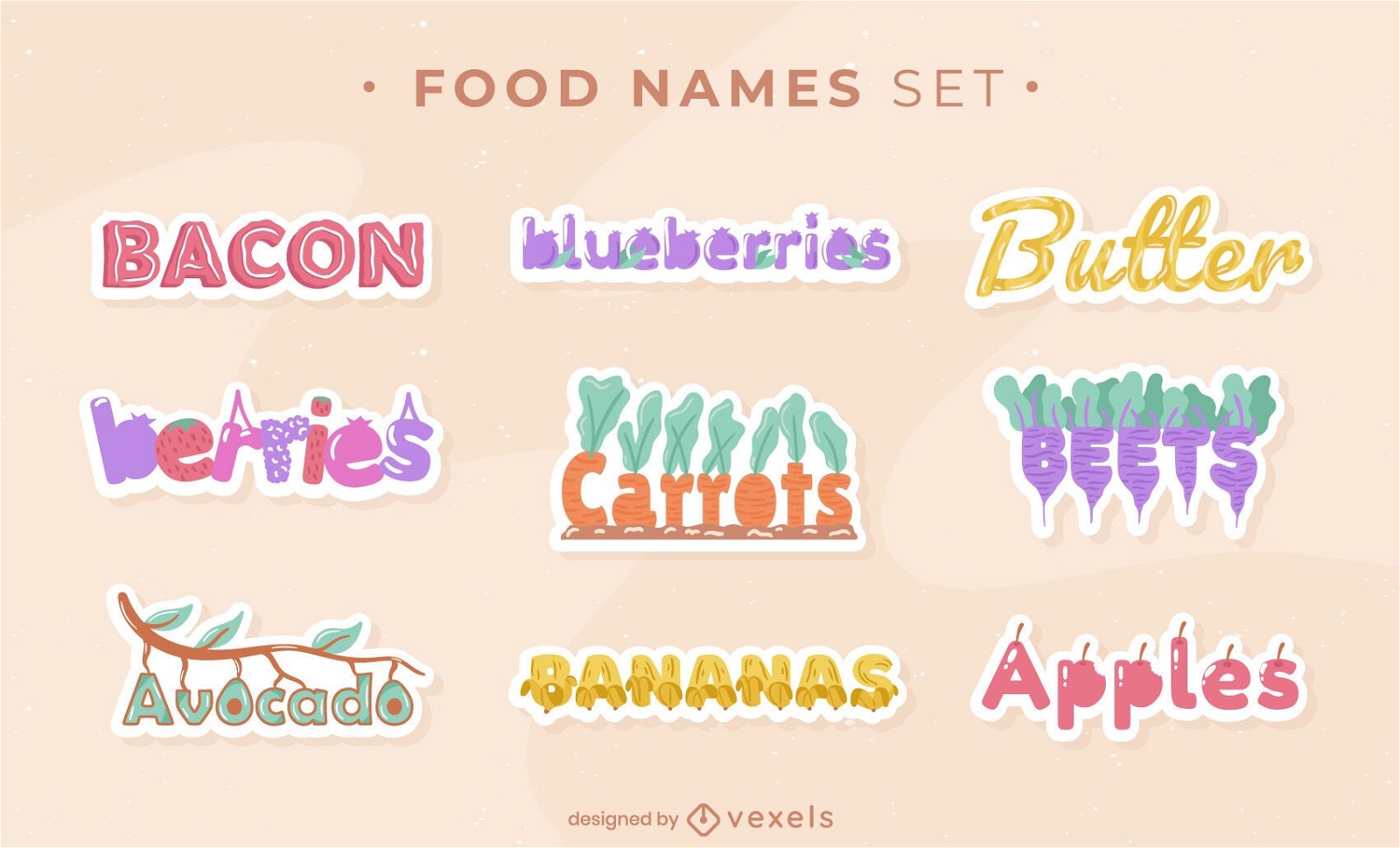 Conjunto de adesivos de nomes de alimentos