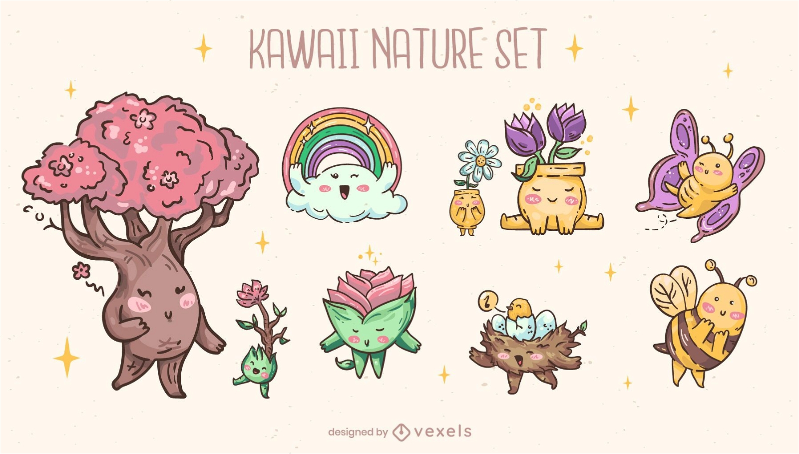 Conjunto de caracteres de naturaleza kawaii