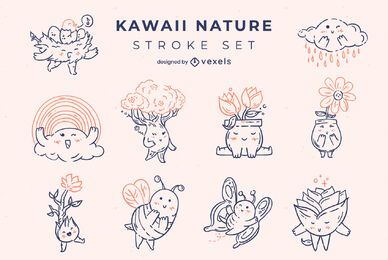 Kawaii nature stroke characters set 