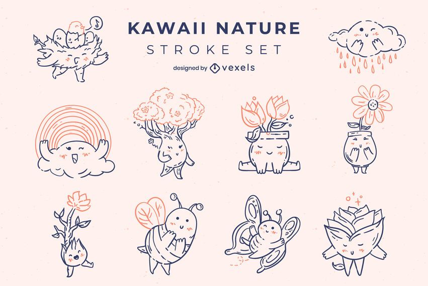 Kawaii nature stroke characters set Kawaii nature stroke characters set
