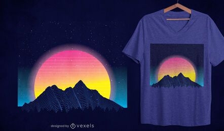 Diseño de camiseta de montañas retrowave