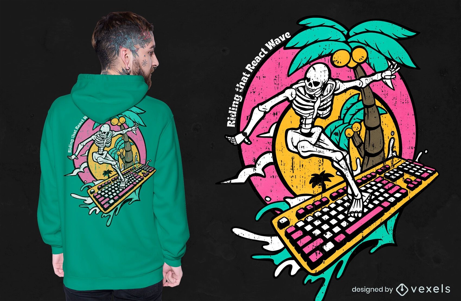 Design de t-shirt com teclado de surf esqueleto