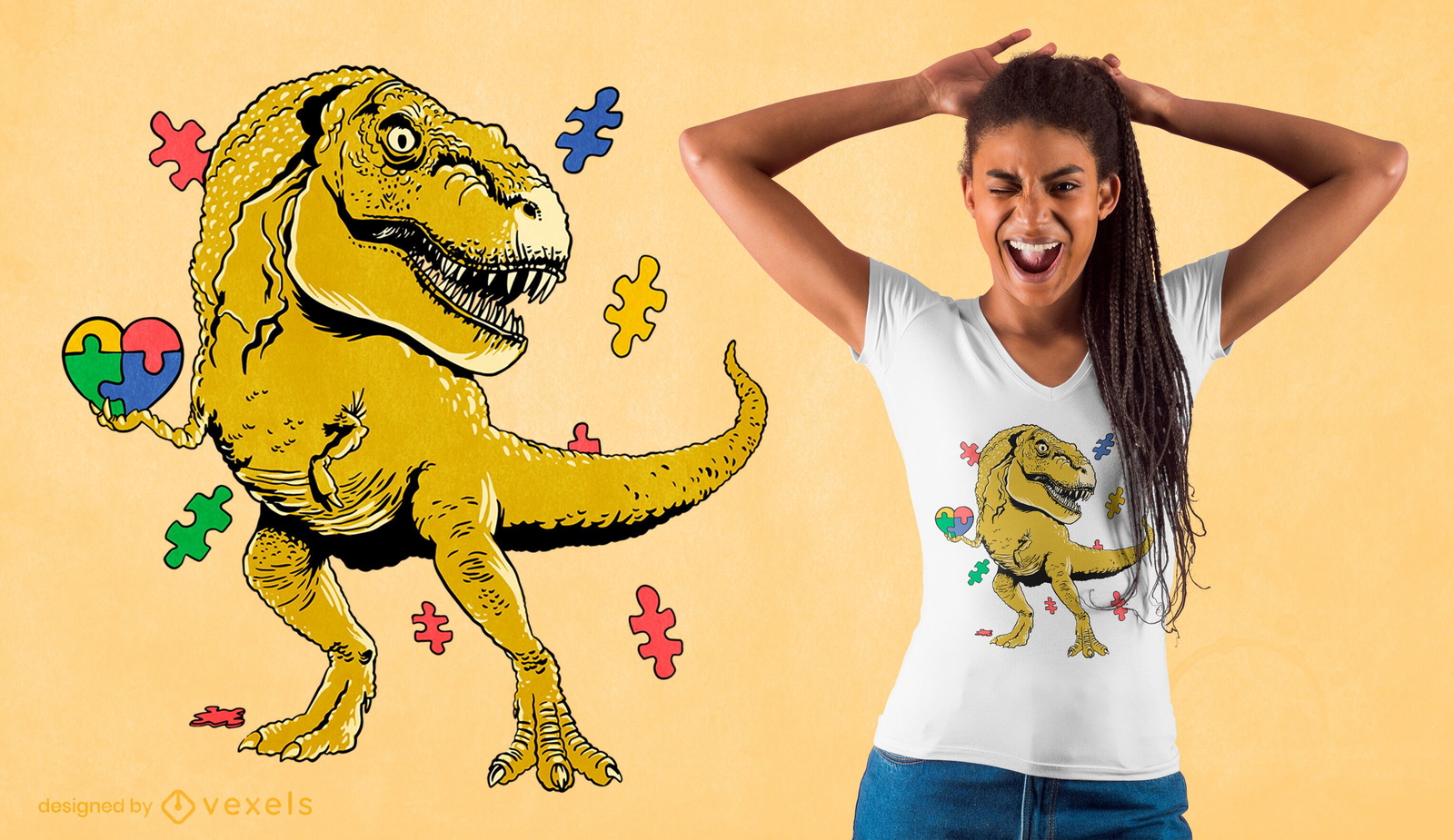 Design de camiseta com quebra-cabe?a T-rex