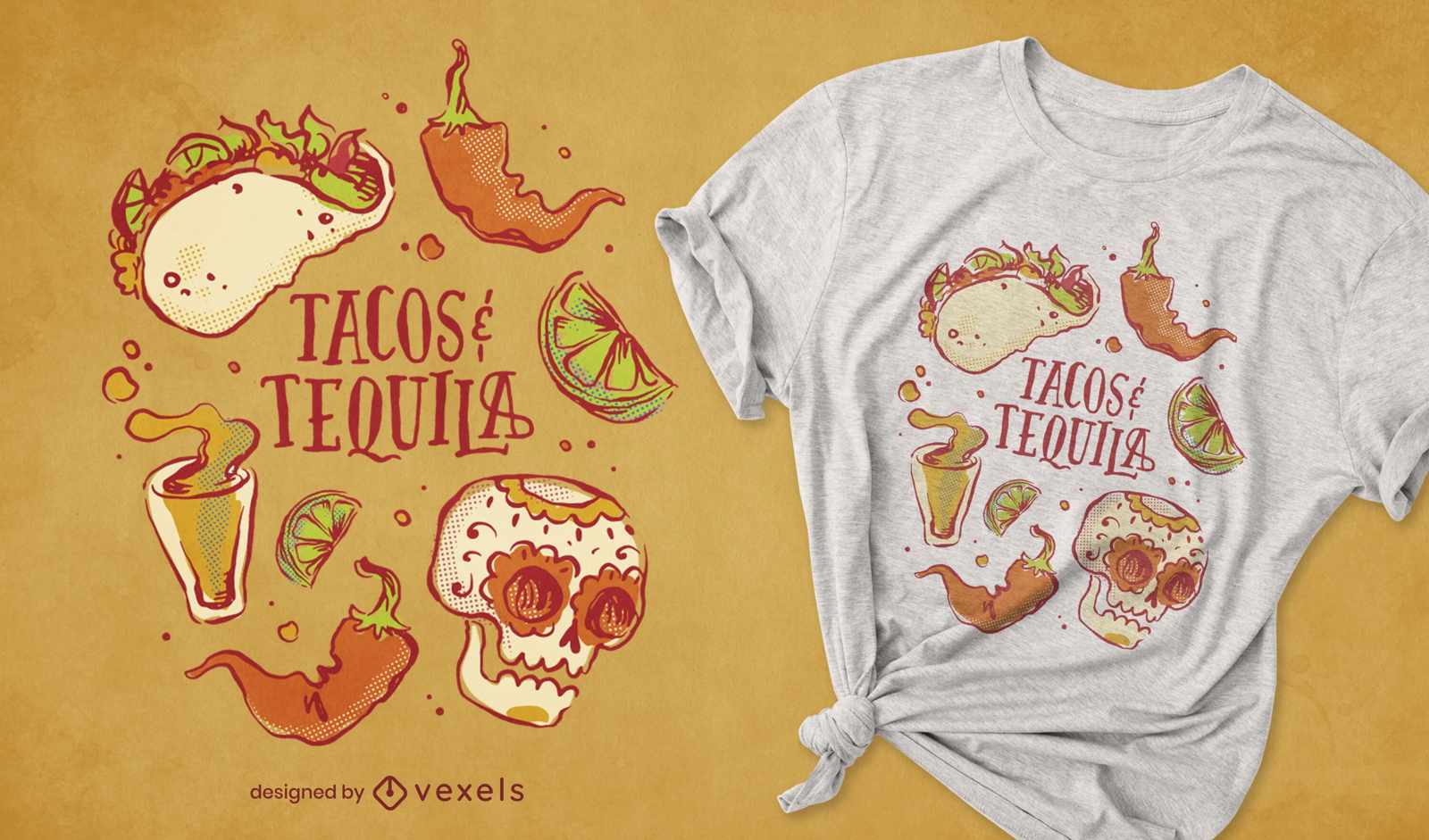 Diseño de camiseta de tacos y tequila.