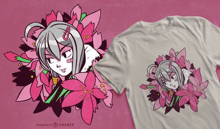 Design de camiseta de flores de menina de anime