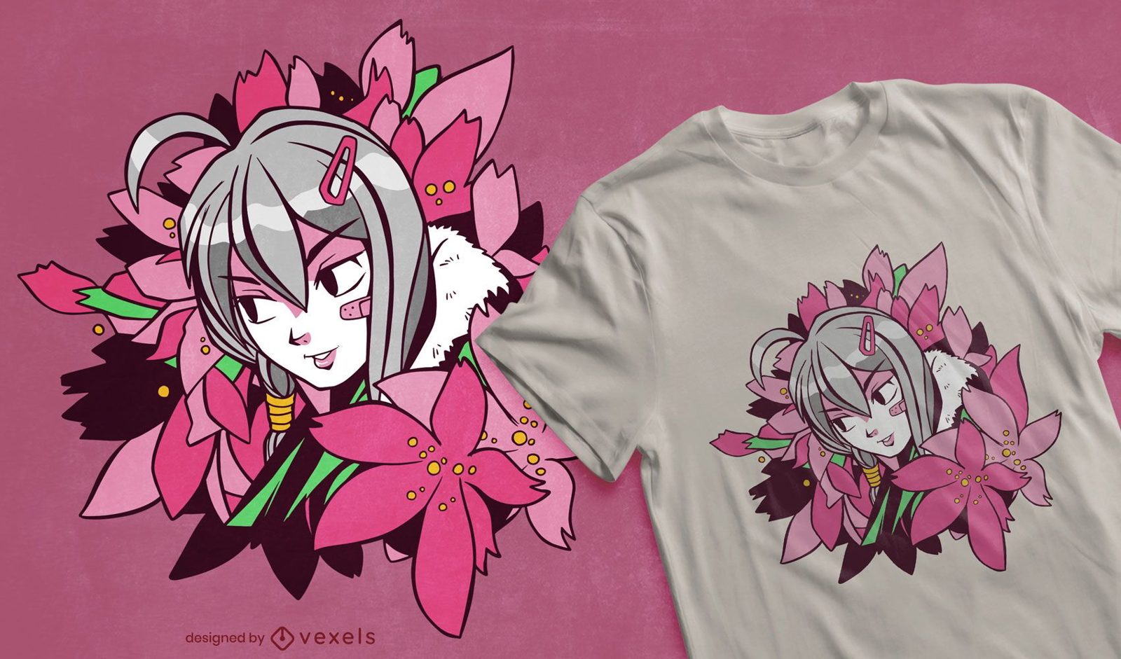 Anime girl flowers t-shirt design