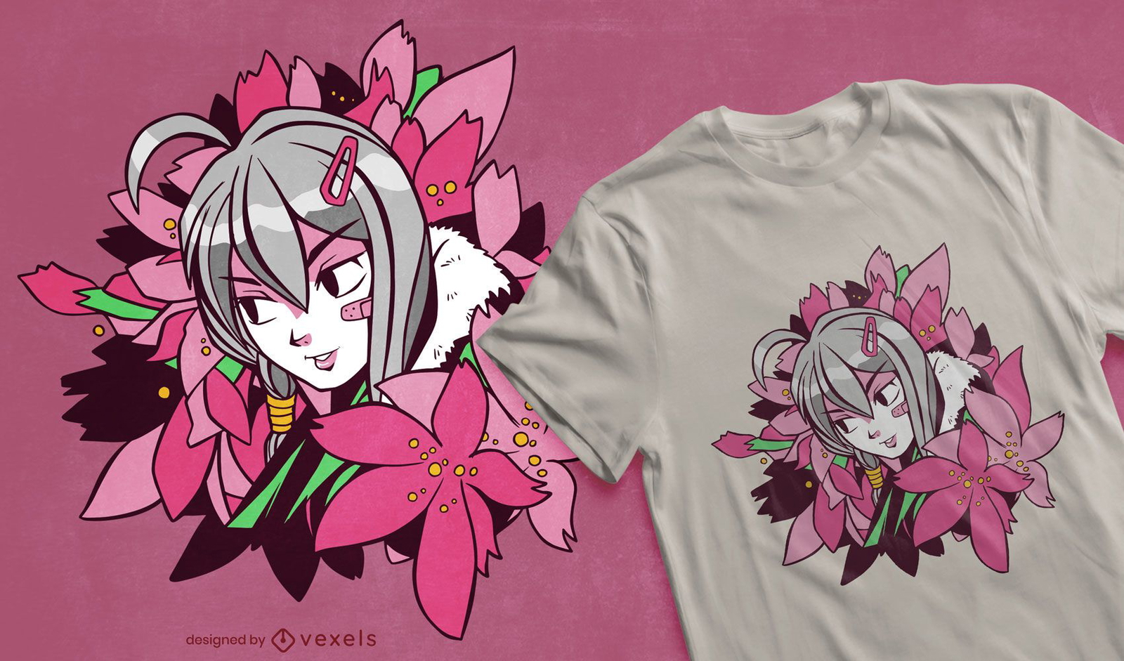 Diseño de camiseta de flores de anime girl.