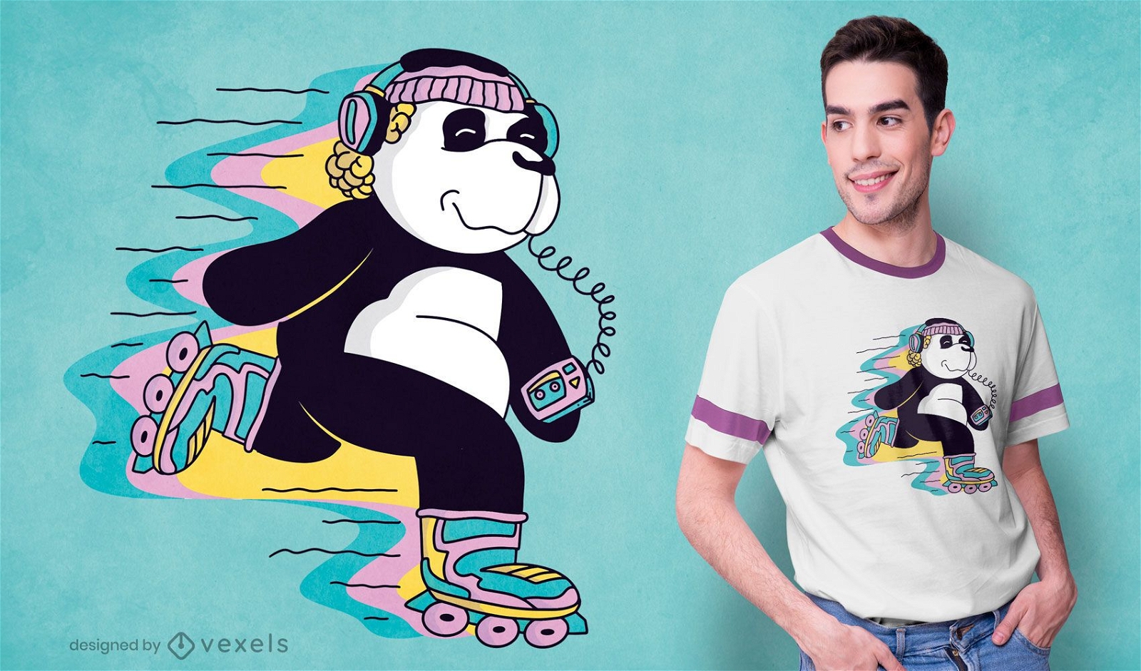 Diseño de camiseta de panda de patinaje sobre ruedas.