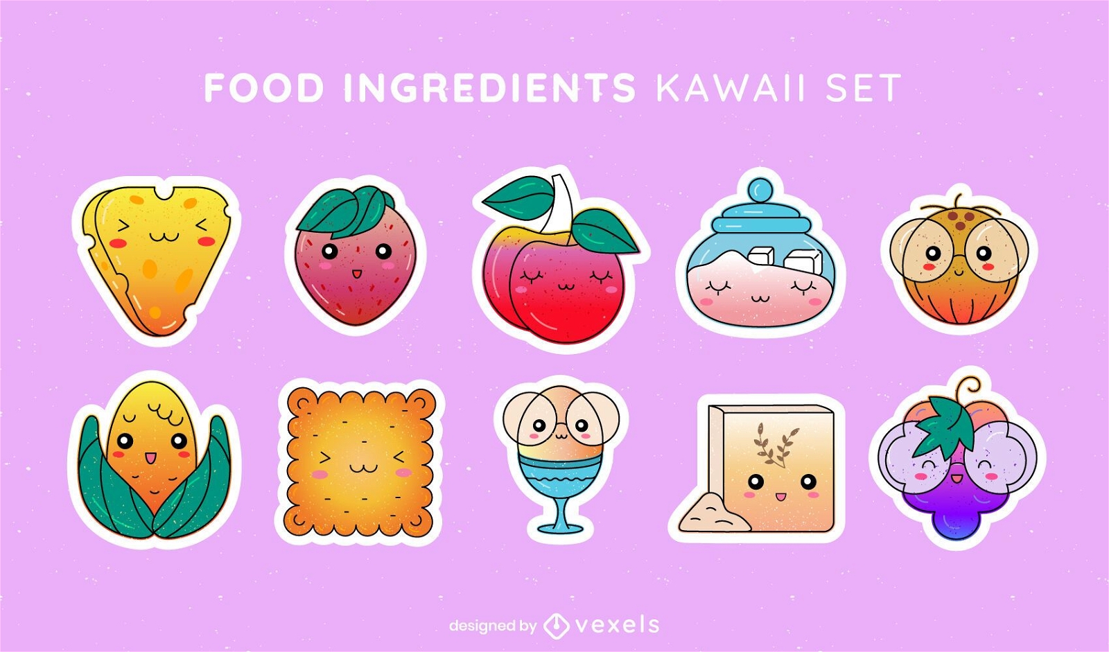Conjunto kawaii de ingredientes alimentares