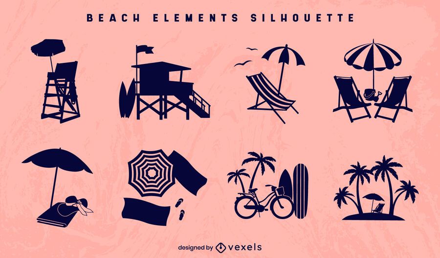 Beach element silhouette set Beach element silhouette set