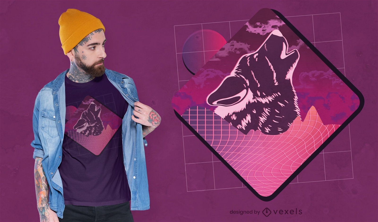 Design de t-shirt do lobo Vaporwave