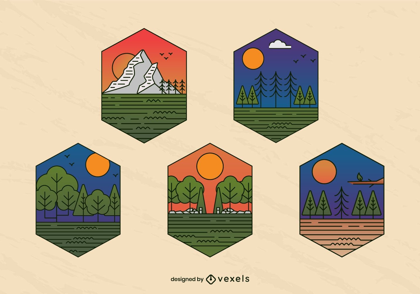 Conjunto de emblemas de pinheiros de paisagem