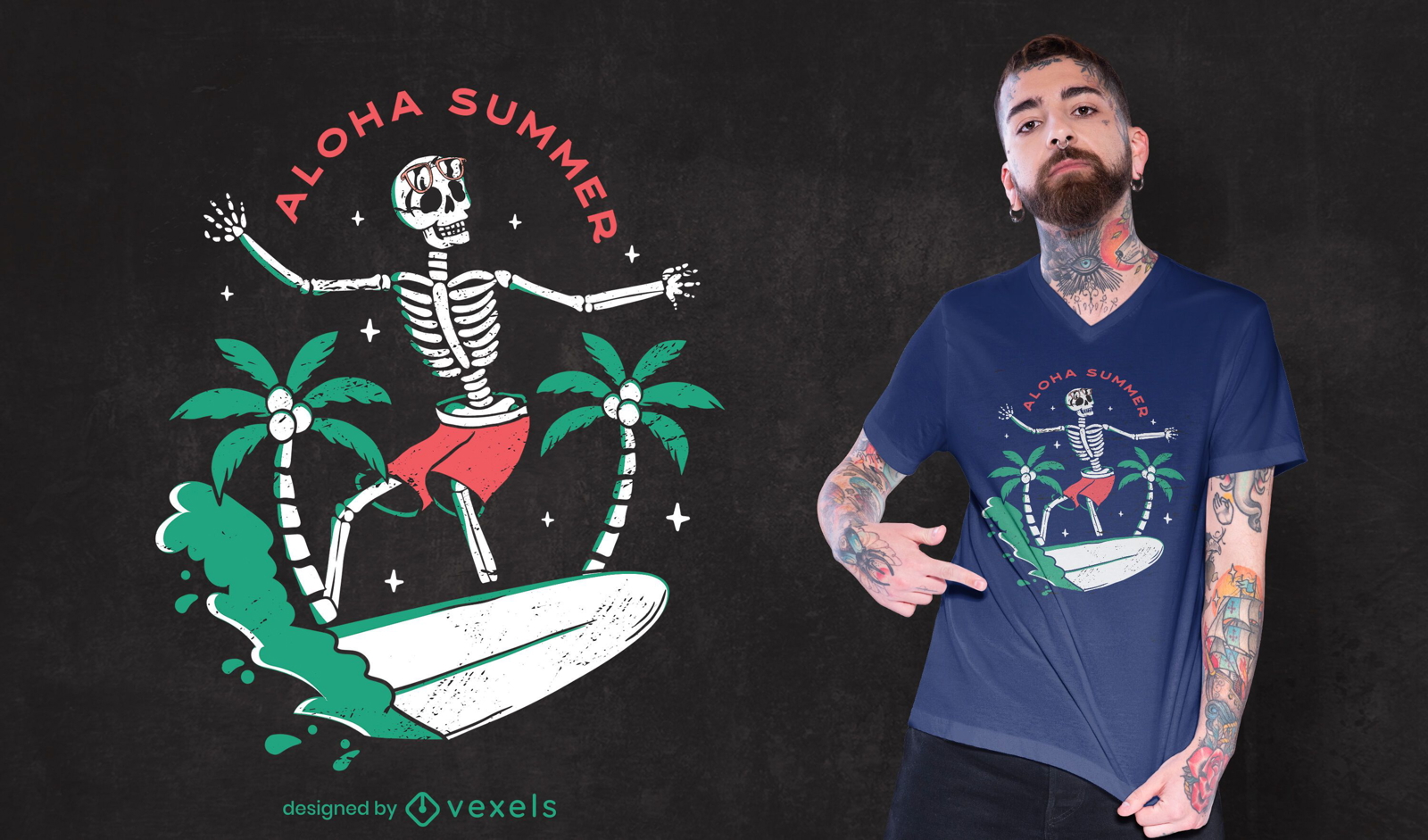 Diseño de camiseta de verano esqueleto.