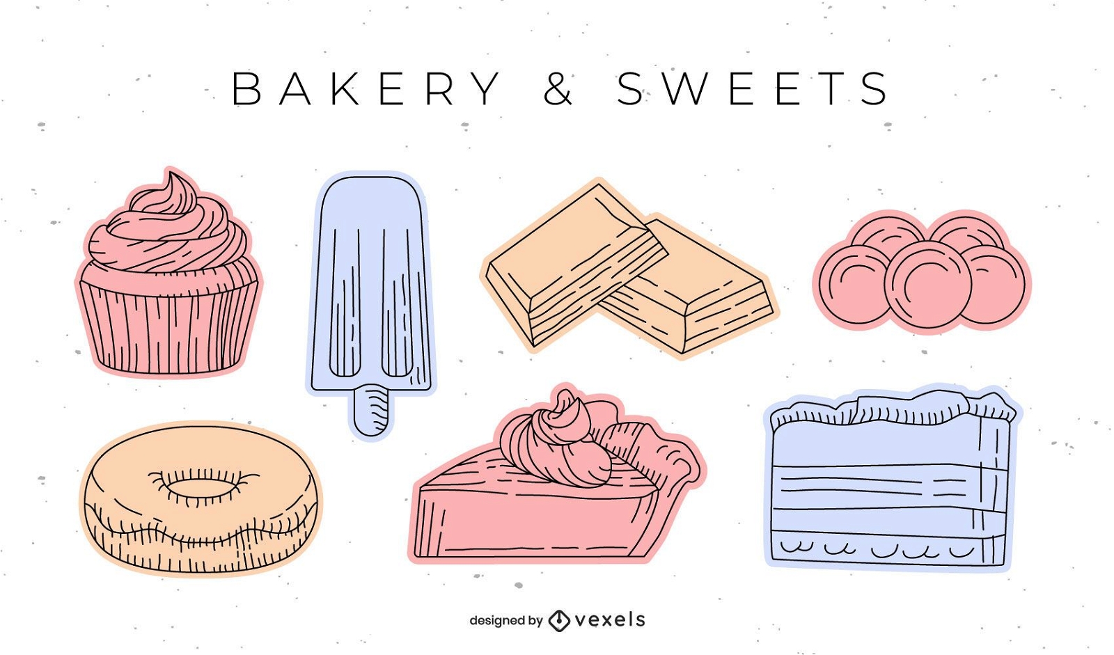 Conjunto de elementos de panadería dulce dibujado a mano