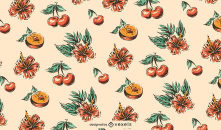 Peach hibiscus cherry pattern design