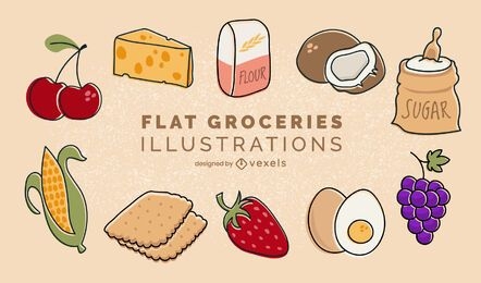 Flat groceries illustrations set
