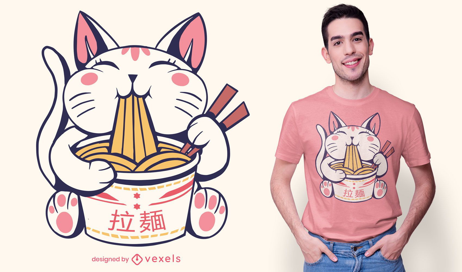Lindo diseño de camiseta de gato ramen