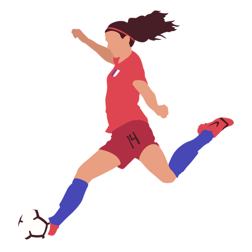 Mulher jogador de futebol chutando o futebol plano Desenho PNG