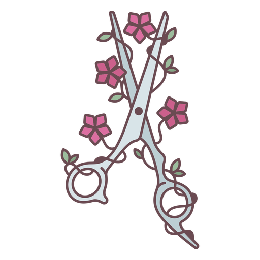 Color stroke scissors and flowers drawing PNG Design