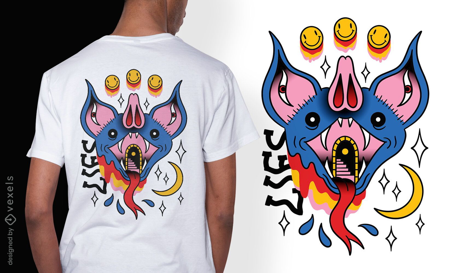 Design de t-shirt surreal com tatuagem de morcego trippy