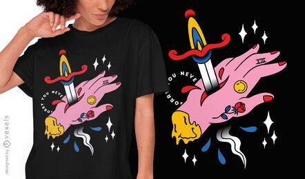 Design de camiseta com tatuagem de mão esfaqueada