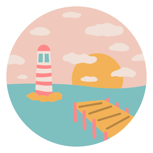Dock in beach with lighthouse flat PNG Design