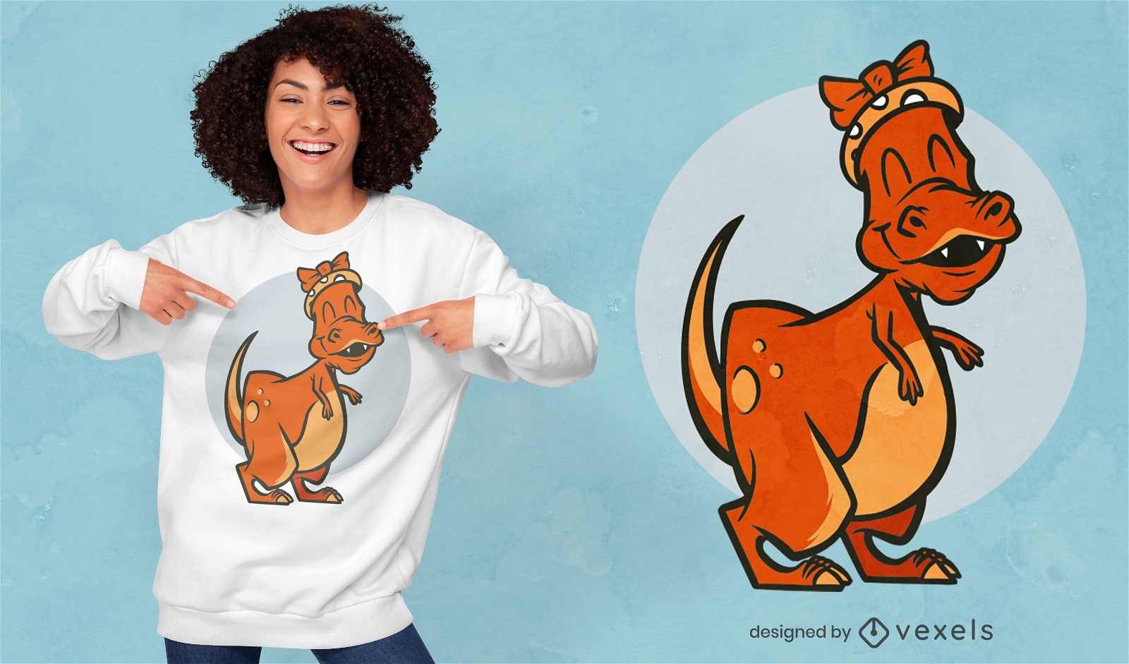 Design de camiseta com dinossauro t-rex feminino feliz