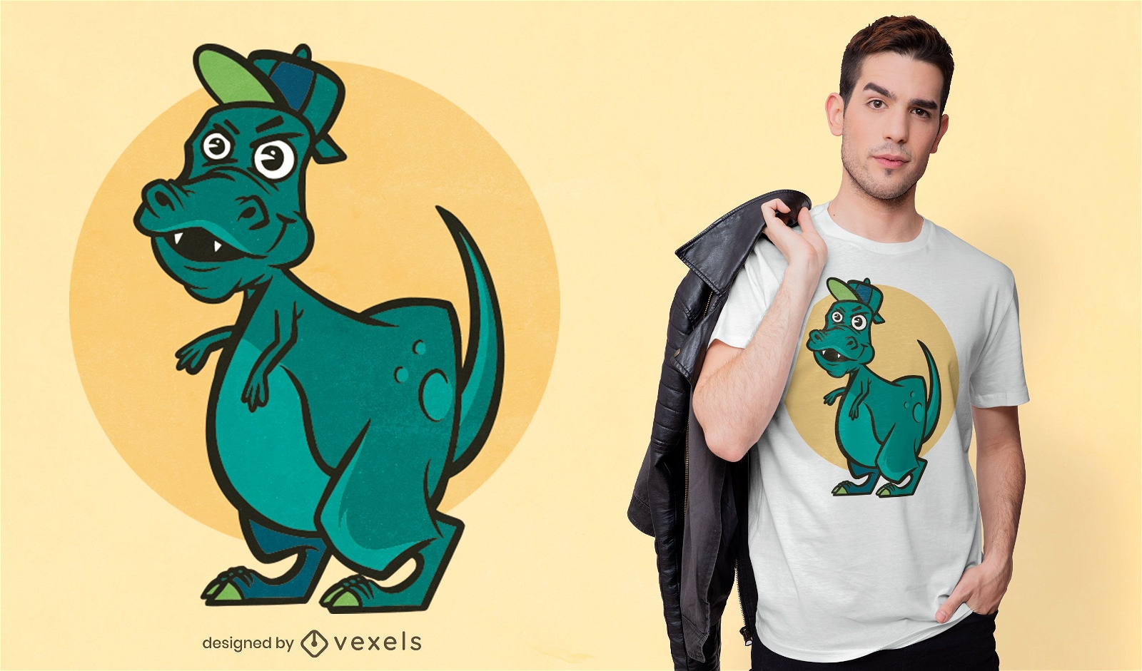 Design de camiseta com dinossauro t-rex masculino feliz