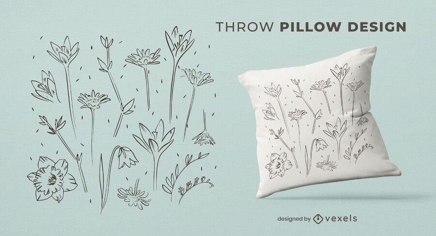 Diseño de almohada de tiro de flores dibujadas a mano Diseño de almohada de tiro de flores dibujadas a mano