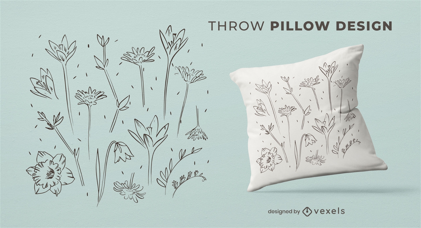 Hand drawn flowers throw pillow design
