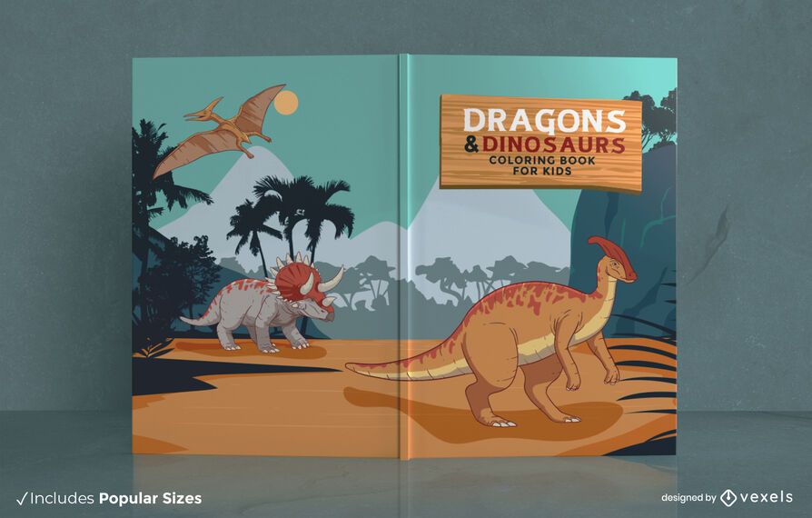 Portada del libro para colorear dragones y dinosaurios Portada del libro para colorear dragones y dinosaurios