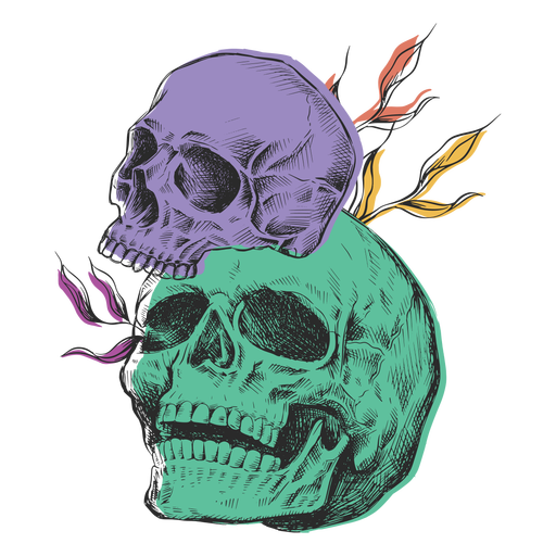 Tamaños de calaveras de colores dibujados a mano. Diseño PNG