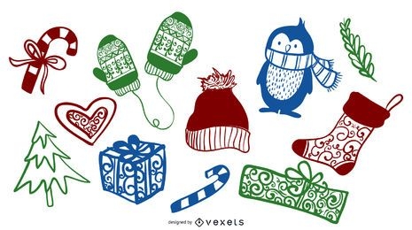 Elementos coloridos del Doodle del invierno de la Navidad