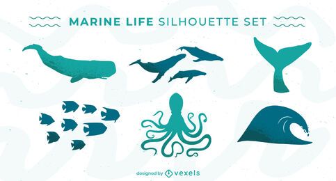 Conjunto de silueta de animales marinos de vida marina