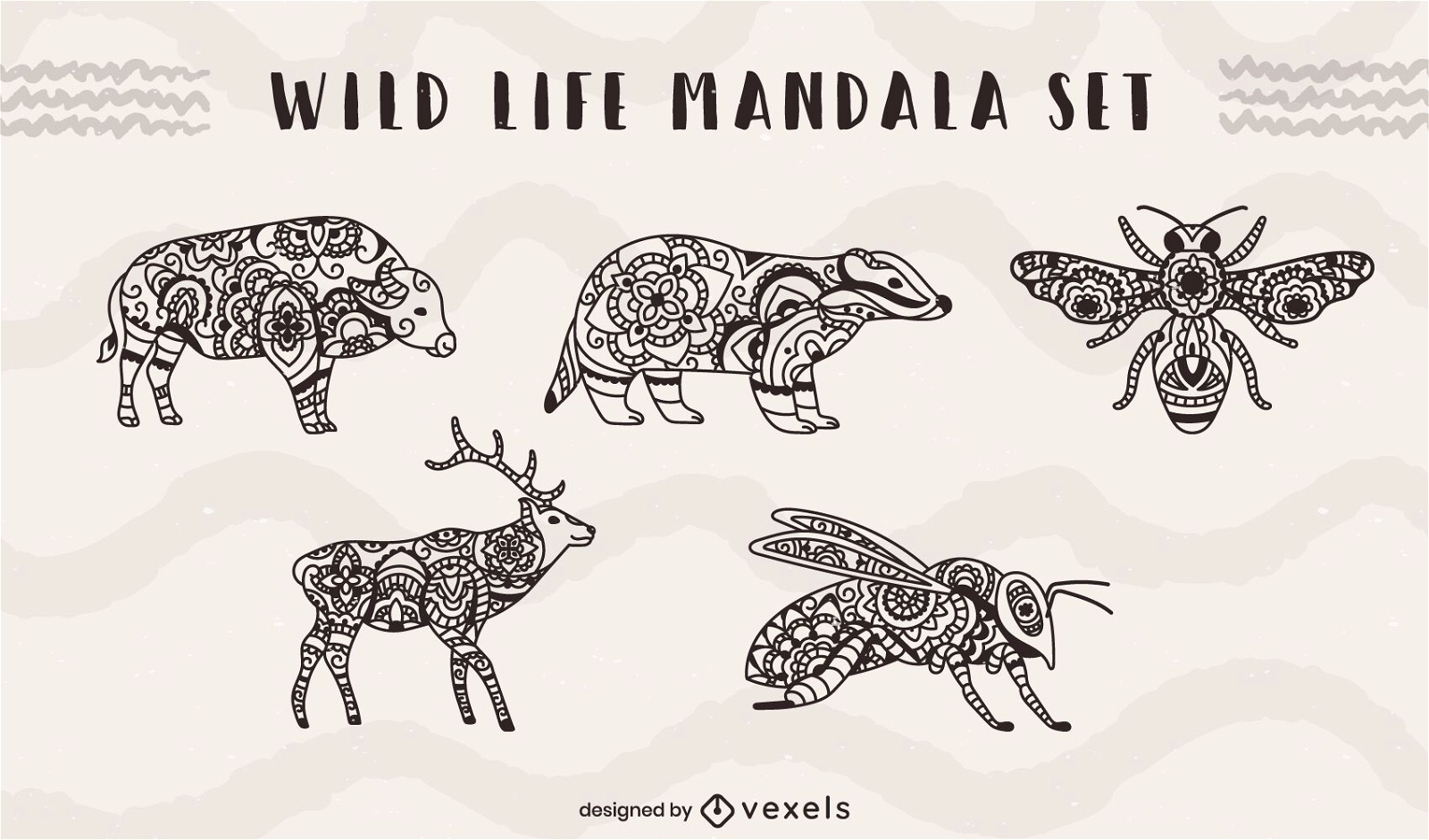 Conjunto de mandala de animales e insectos de vida salvaje.